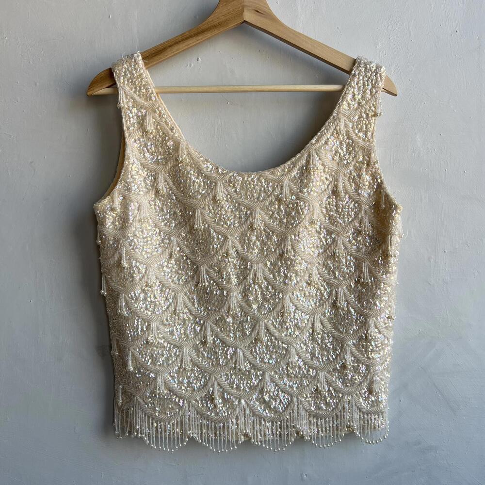 Silver House Womens Beaded Sequin Pearl Tank Top Ivory Vintage Wool Tassels M